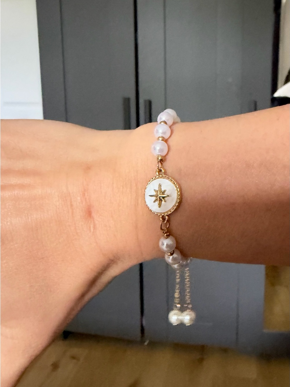 Gold and White Pearl Compass Charm Bracelet